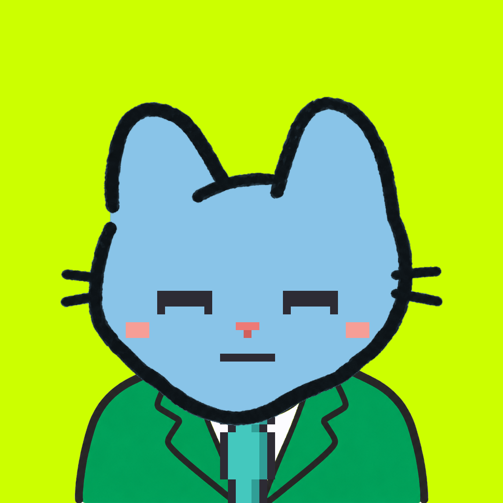 Employee #1189 — a sky cat, in a green suit, with a teal tie, on volt