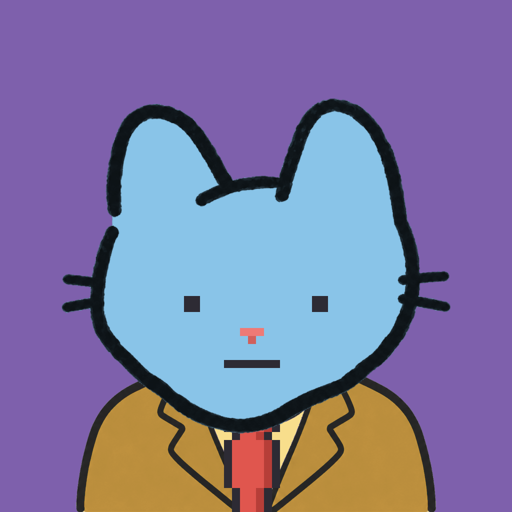 Employee #0119 — a sky cat, in a mustard suit, with a red tie, on plasma violet