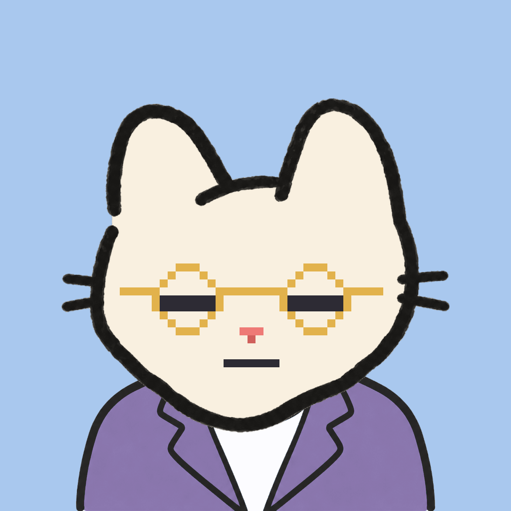 Employee #1192 — a cream cat, in a lavender suit, wearing round-gold glasses, on sky