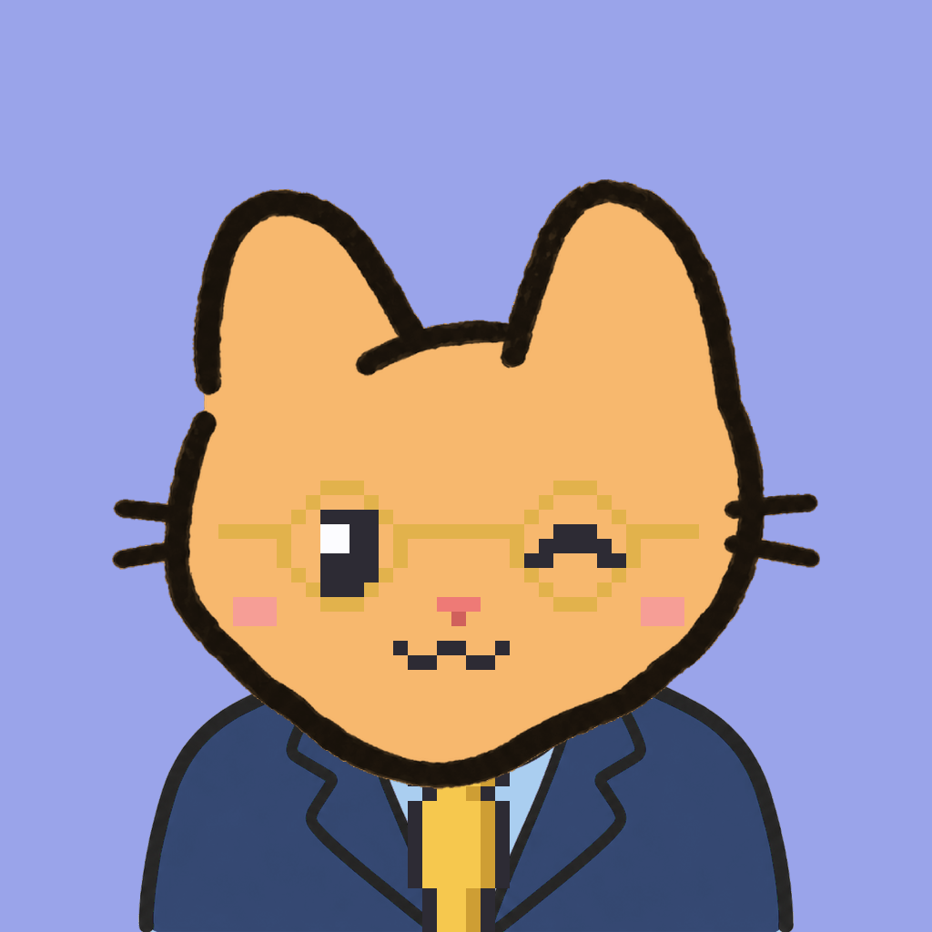 Employee #1193 — a tabby cat, in a navy suit, with a gold tie, wearing round-gold glasses, on periwinkle