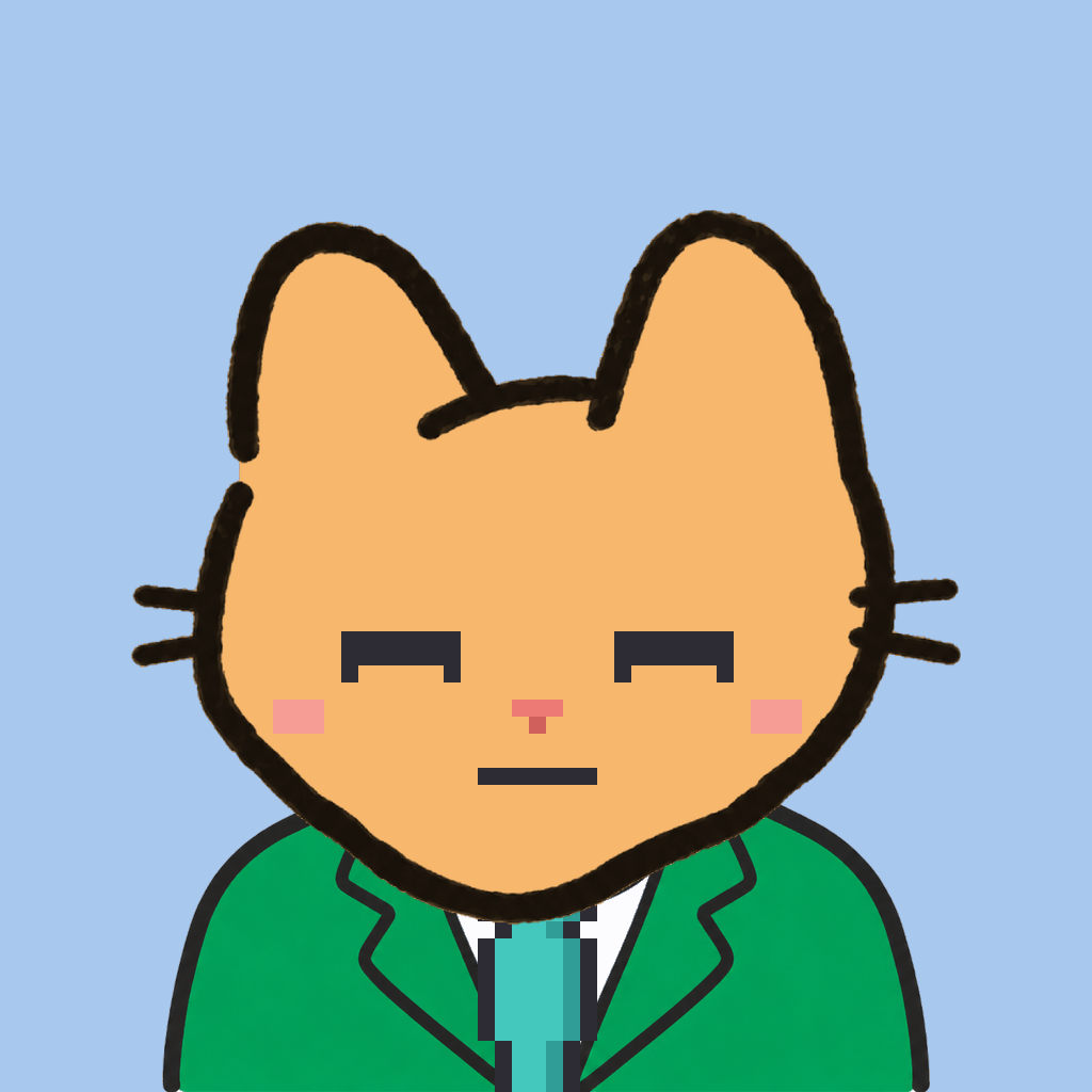 Employee #1194 — a tabby cat, in a green suit, with a teal tie, on sky