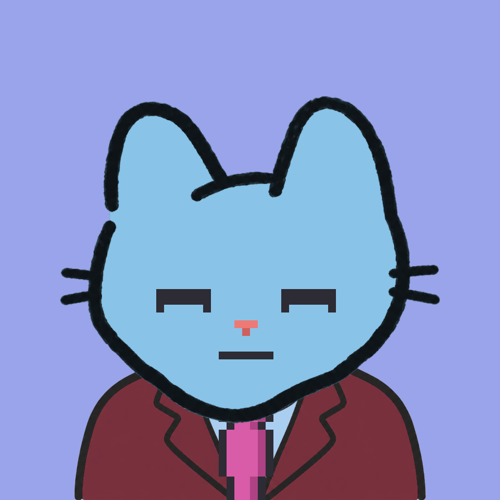 Employee #1195 — a sky cat, in a burgundy suit, with a magenta tie, on periwinkle