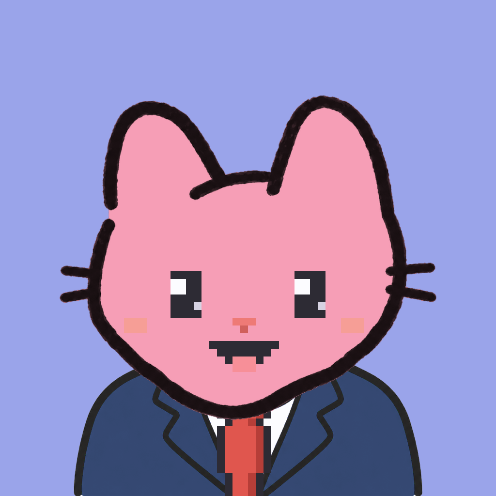 Employee #1196 — a pink cat, in a navy suit, with a red tie, on periwinkle