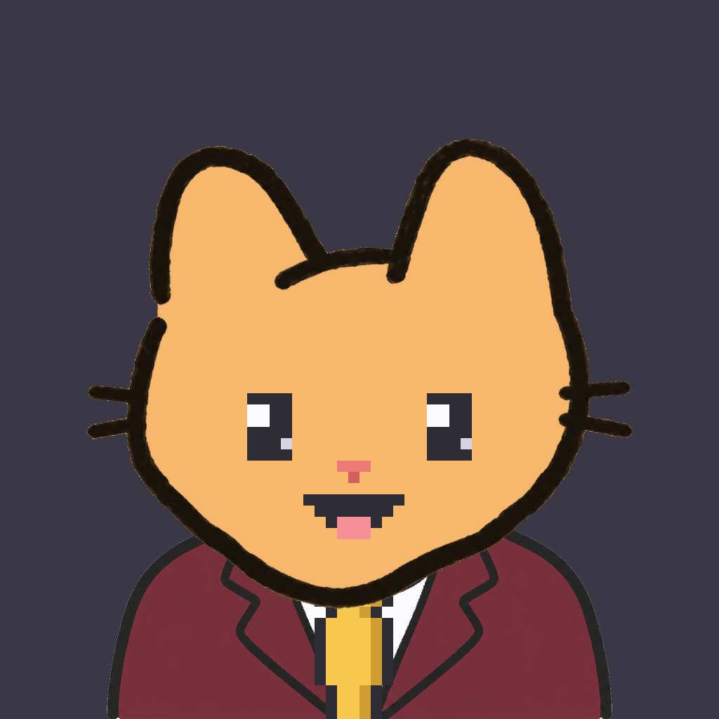 Employee #1197 — a tabby cat, in a burgundy suit, with a gold tie, on charcoal