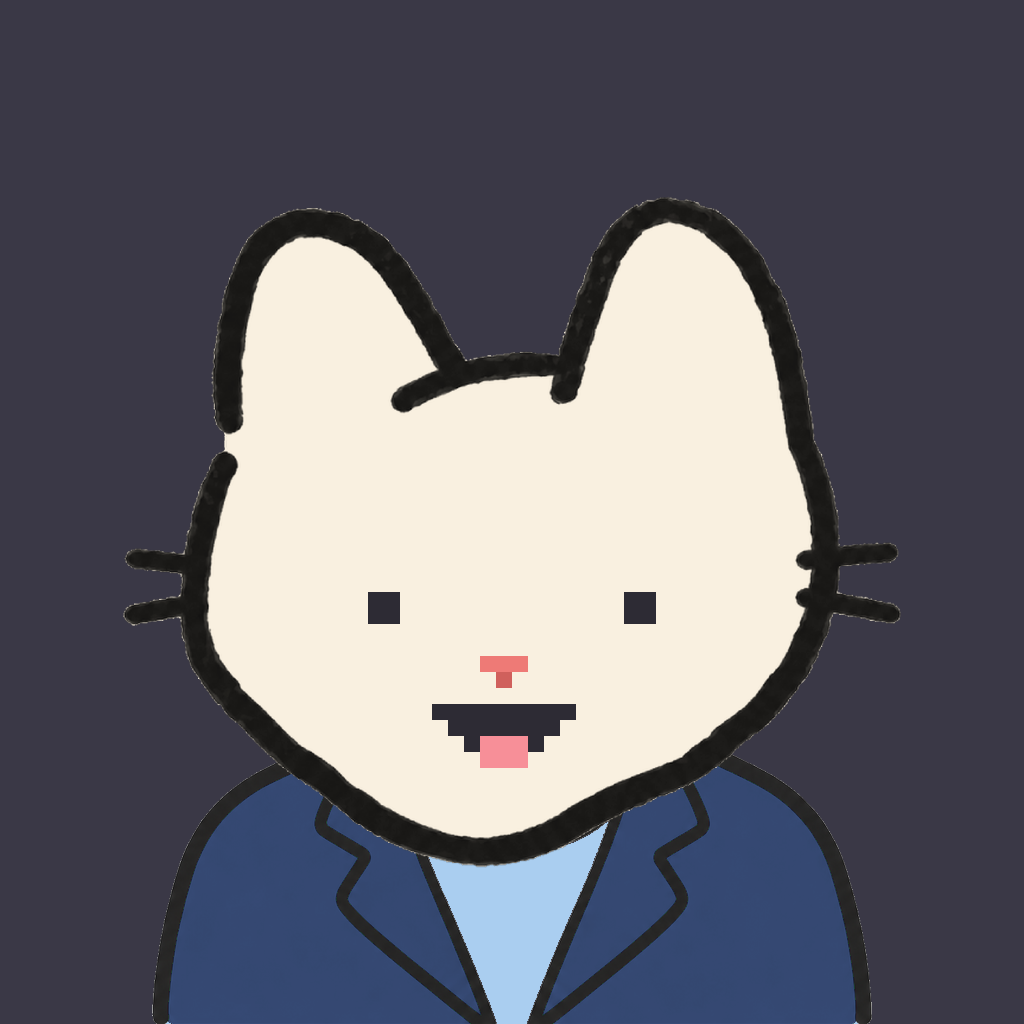 Employee #1198 — a cream cat, in a navy suit, on charcoal