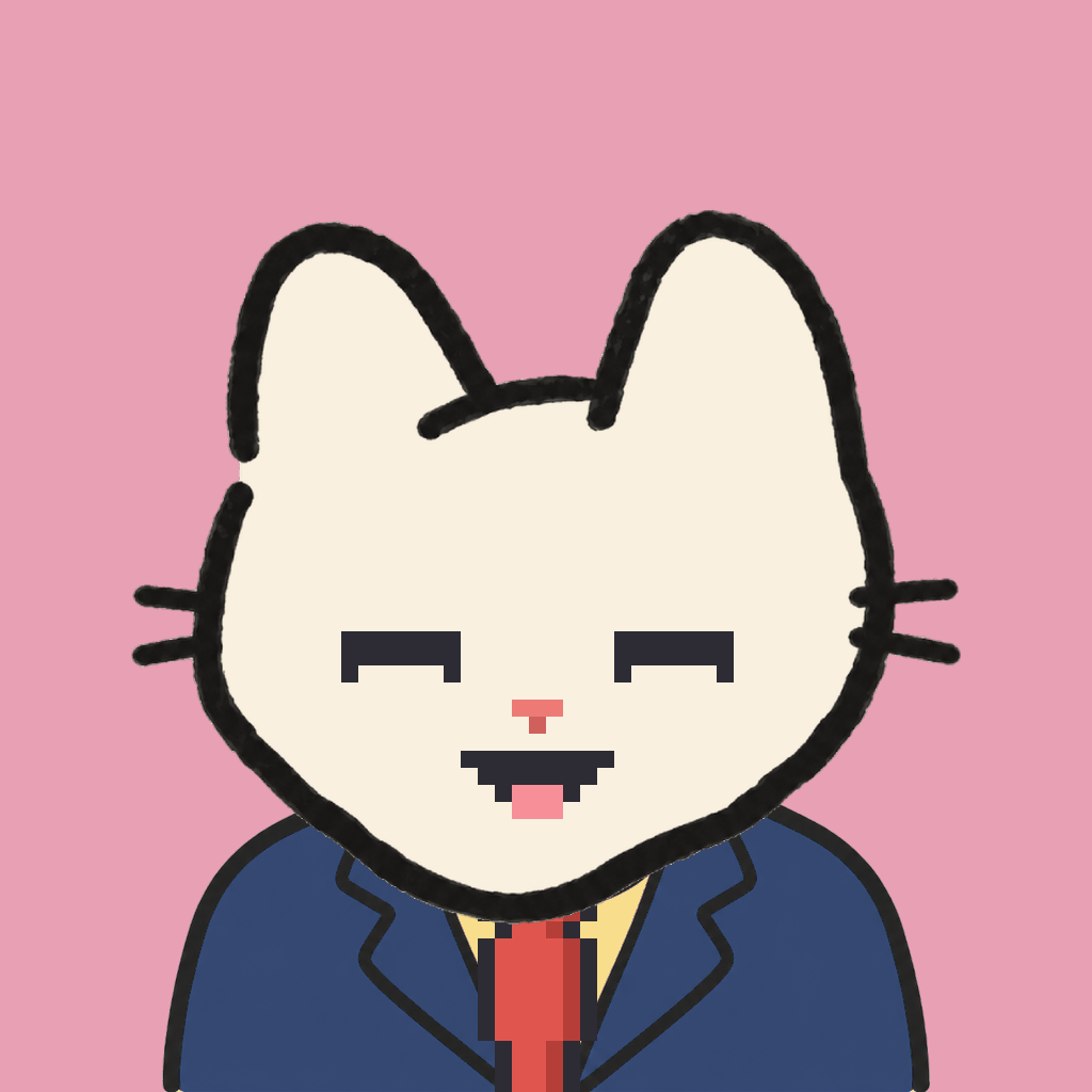 Employee #1199 — a cream cat, in a navy suit, with a red tie, on rose