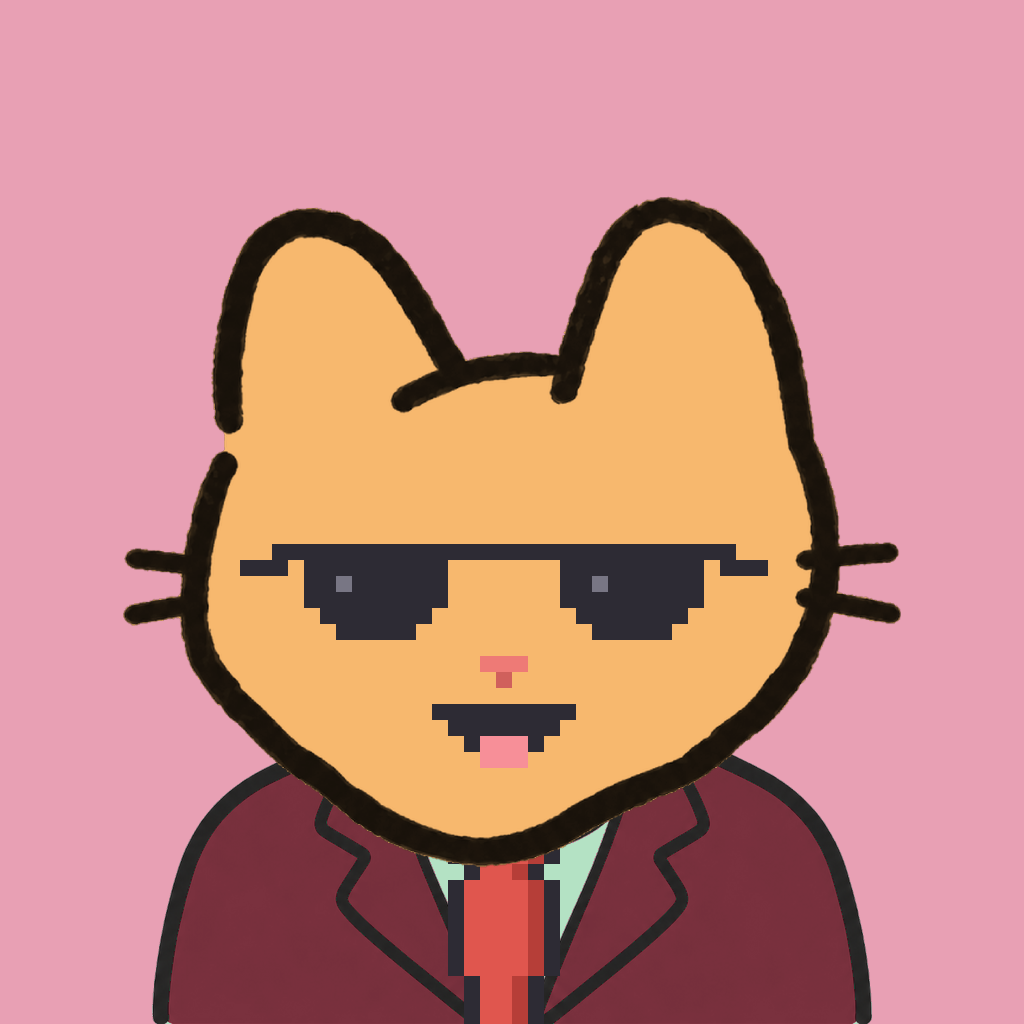 Employee #0012 — a tabby cat, in a burgundy suit, with a red tie, wearing shades glasses, on rose