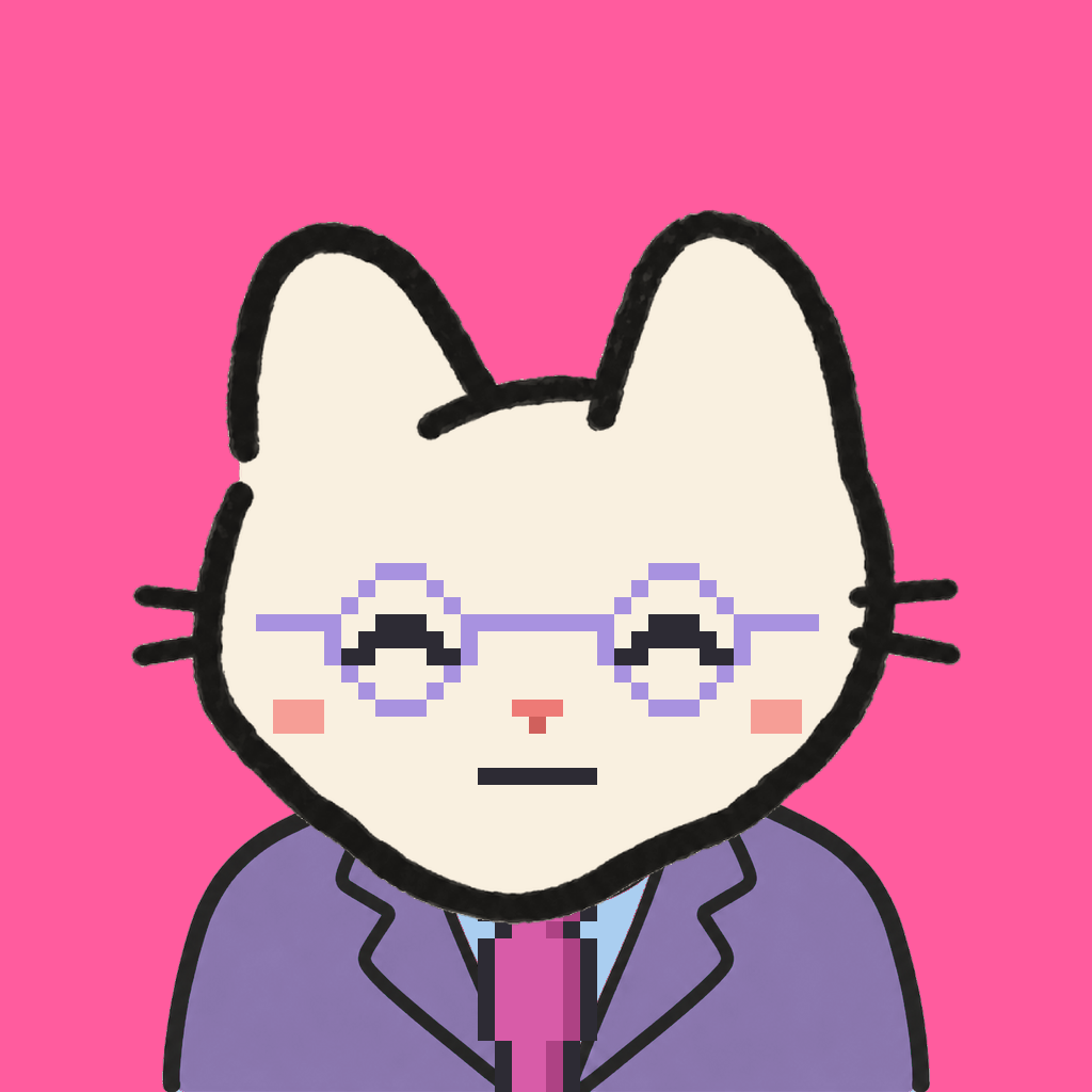 Employee #1200 — a cream cat, in a lavender suit, with a magenta tie, wearing round-lavender glasses, on hot pink
