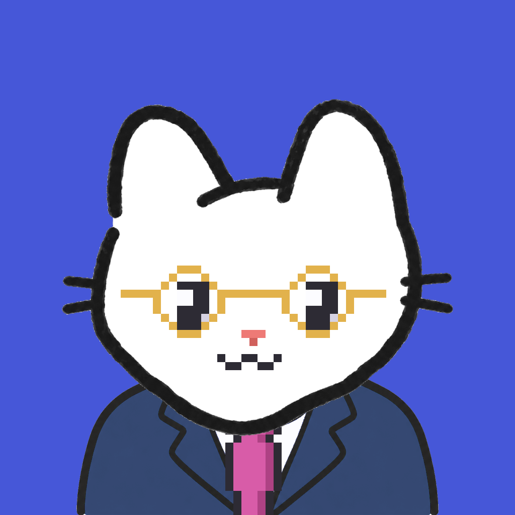 Employee #1201 — a white cat, in a navy suit, with a magenta tie, wearing round-gold glasses, on royal