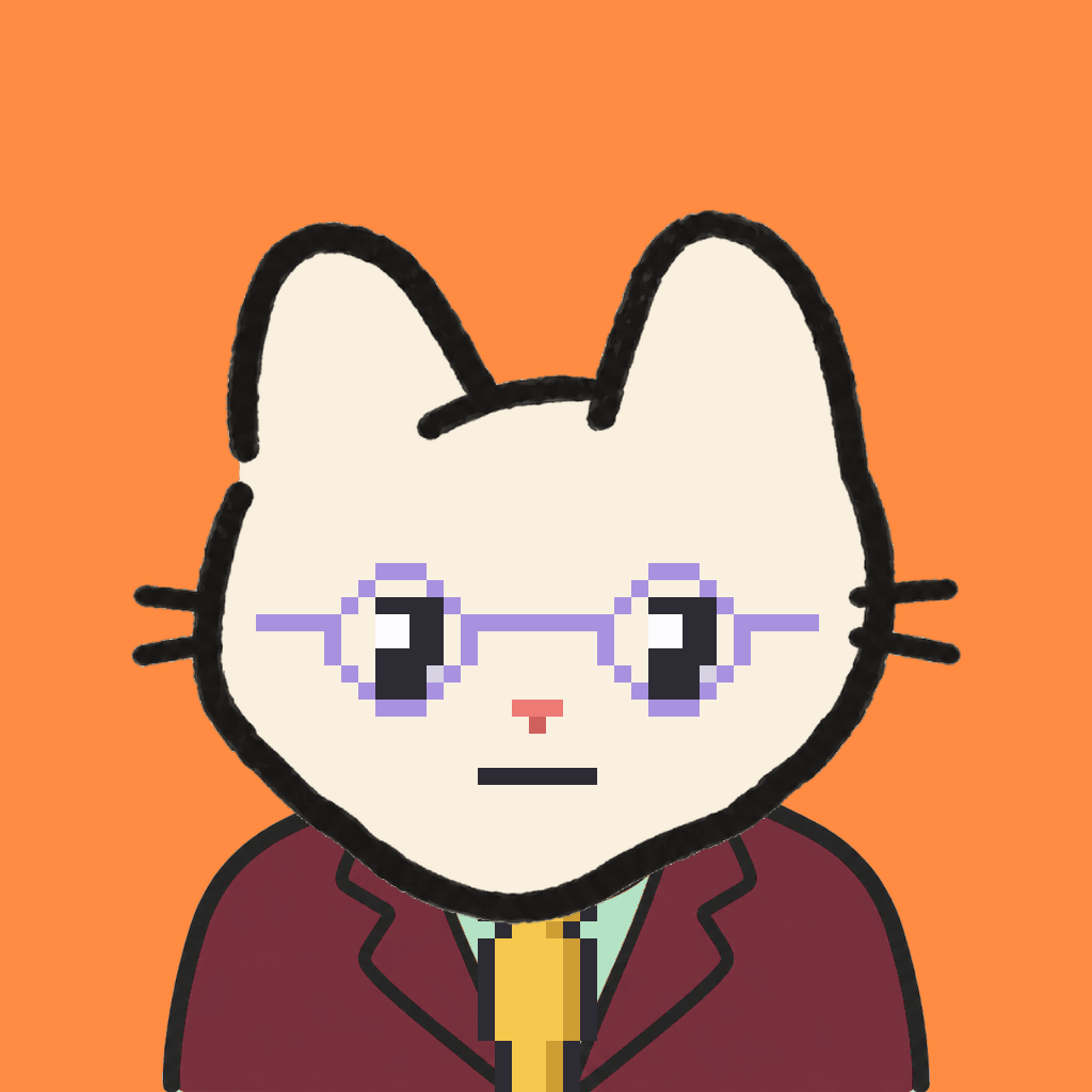 Employee #1202 — a cream cat, in a burgundy suit, with a gold tie, wearing round-lavender glasses, on tangerine