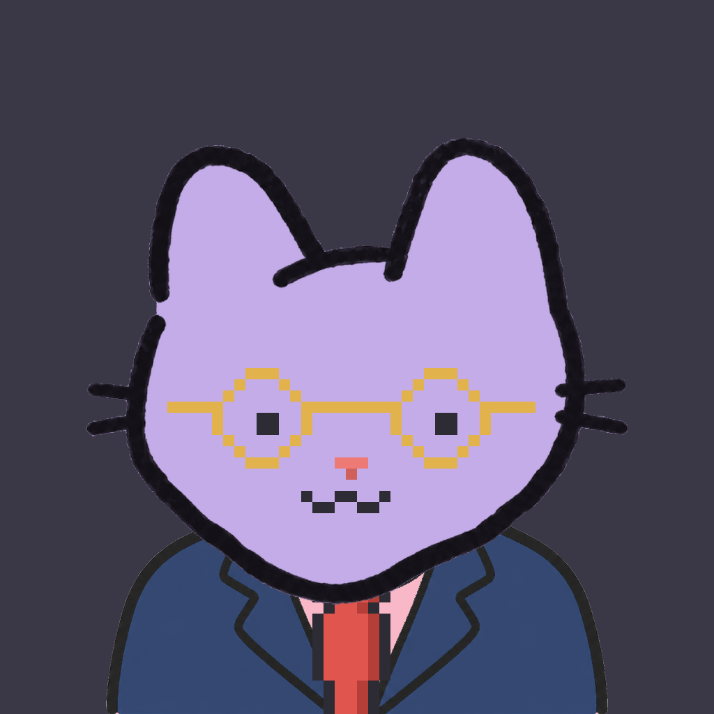 Employee #1203 — a lavender cat, in a navy suit, with a red tie, wearing round-gold glasses, on charcoal