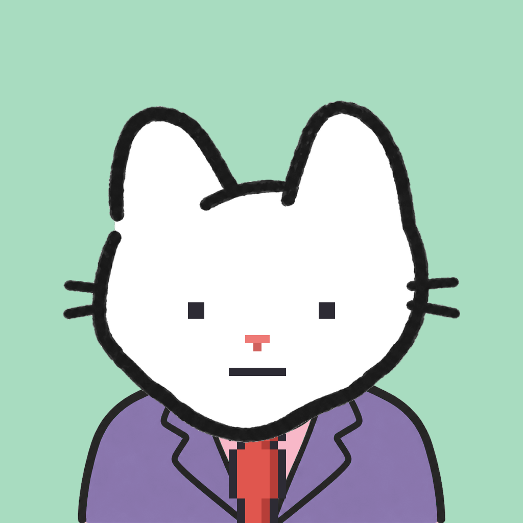 Employee #1204 — a white cat, in a lavender suit, with a red tie, on mint