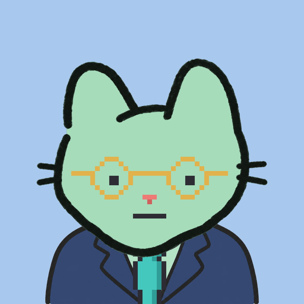 Employee #1205 — a mint cat, in a navy suit, with a teal tie, wearing round-gold glasses, on sky