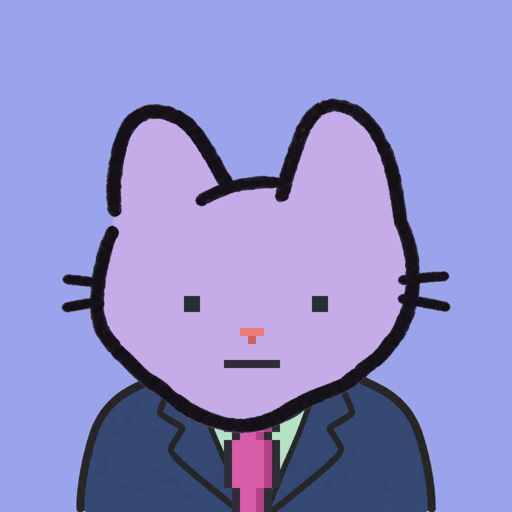 Employee #1206 — a lavender cat, in a navy suit, with a magenta tie, on periwinkle