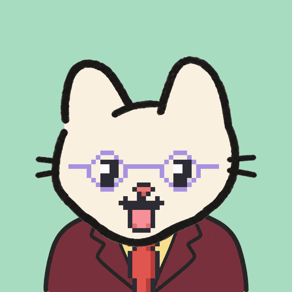 Employee #1207 — a cream cat, in a burgundy suit, with a red tie, wearing round-lavender glasses, on mint
