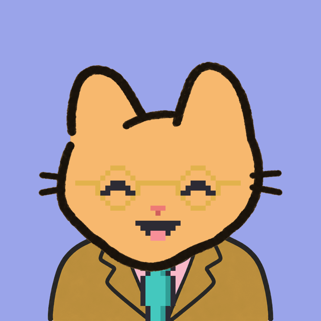Employee #1208 — a tabby cat, in a mustard suit, with a teal tie, wearing round-gold glasses, on periwinkle