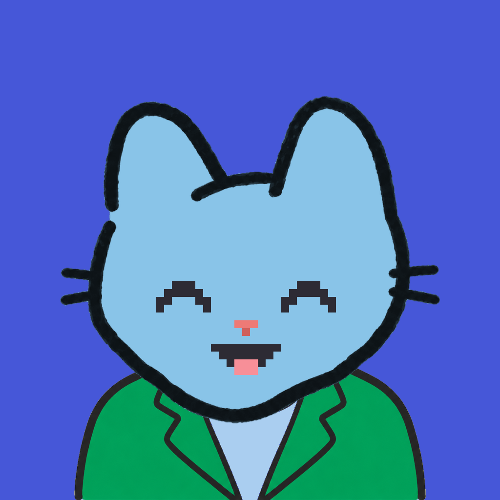 Employee #1209 — a sky cat, in a green suit, on royal