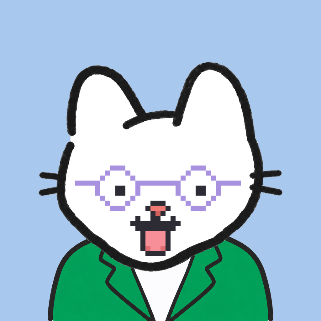Employee #0121 — a white cat, in a green suit, wearing round-lavender glasses, on sky