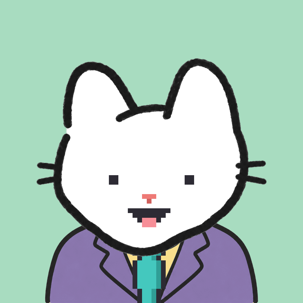 Employee #1210 — a white cat, in a lavender suit, with a teal tie, on mint