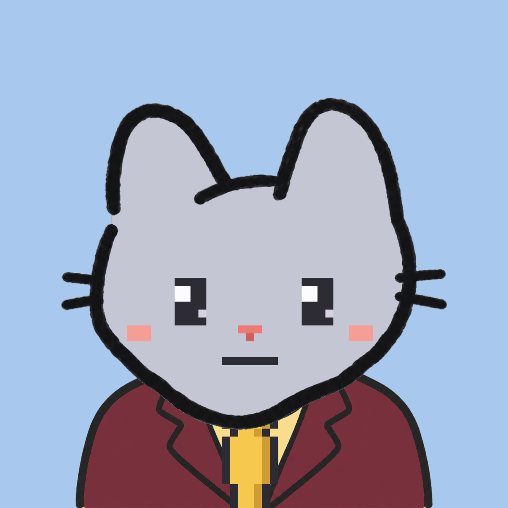 Employee #1211 — a gray cat, in a burgundy suit, with a gold tie, on sky