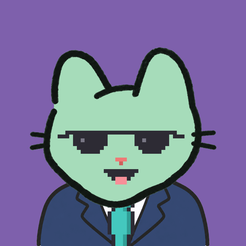Employee #1212 — a mint cat, in a navy suit, with a teal tie, wearing shades glasses, on plasma violet