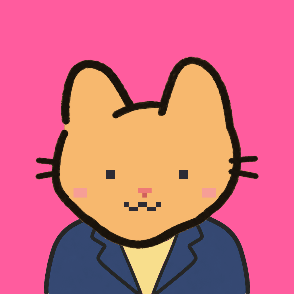 Employee #1213 — a tabby cat, in a navy suit, on hot pink
