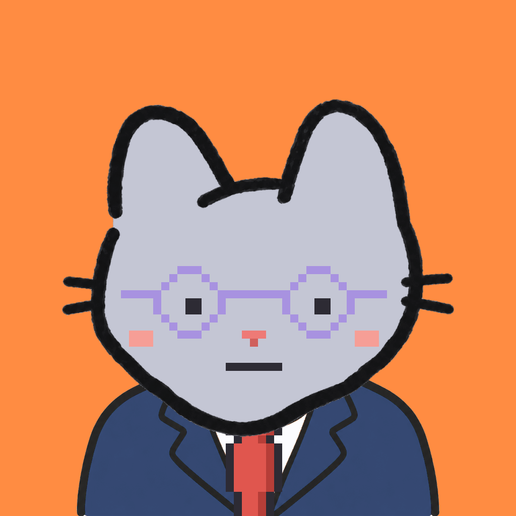 Employee #1214 — a gray cat, in a navy suit, with a red tie, wearing round-lavender glasses, on tangerine
