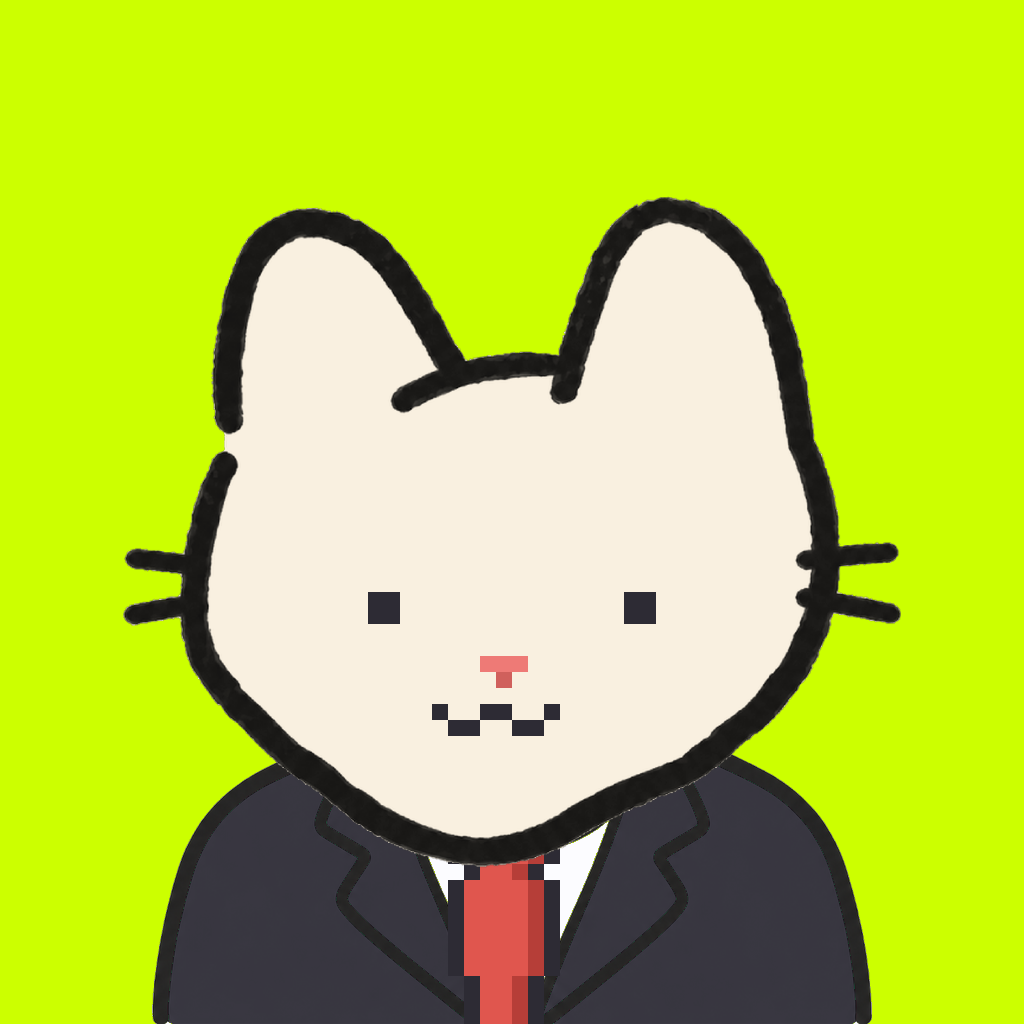 Employee #1215 — a cream cat, in a black suit, with a red tie, on volt