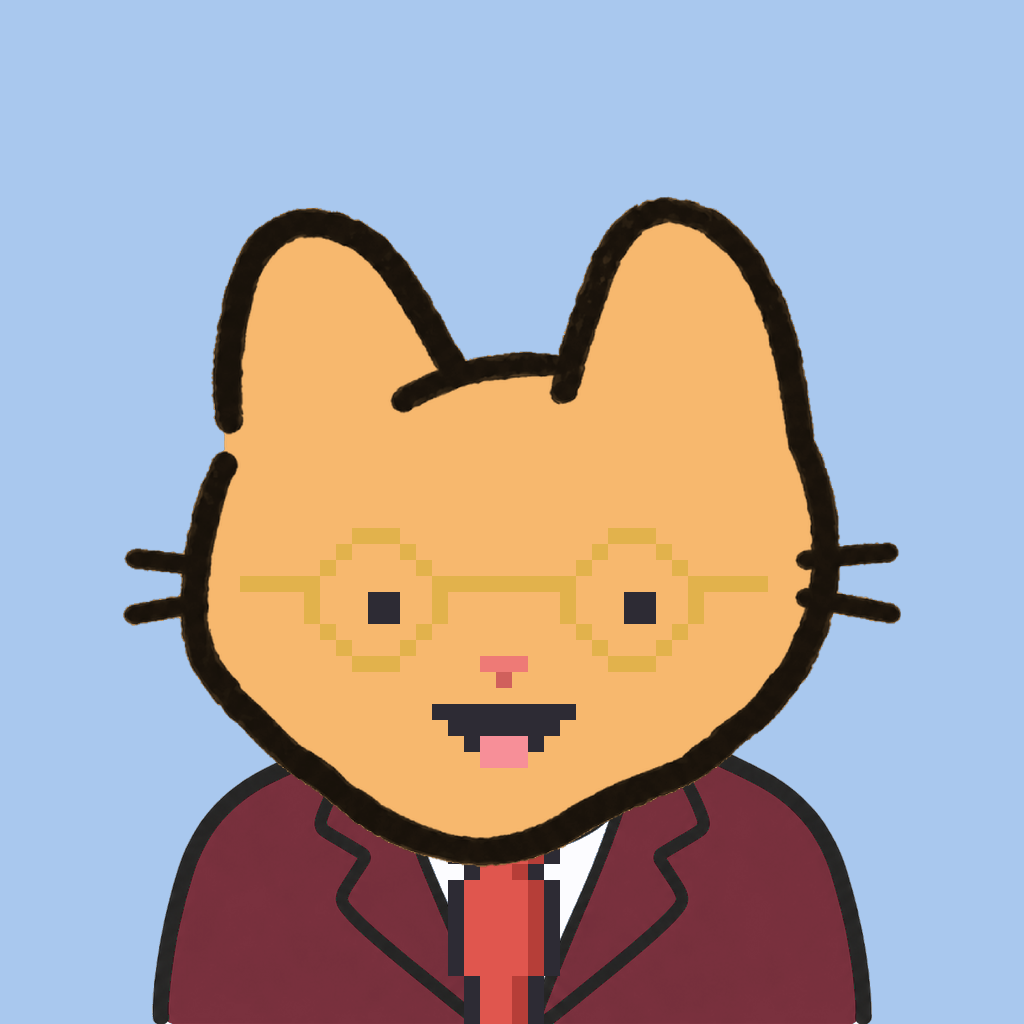 Employee #1216 — a tabby cat, in a burgundy suit, with a red tie, wearing round-gold glasses, on sky