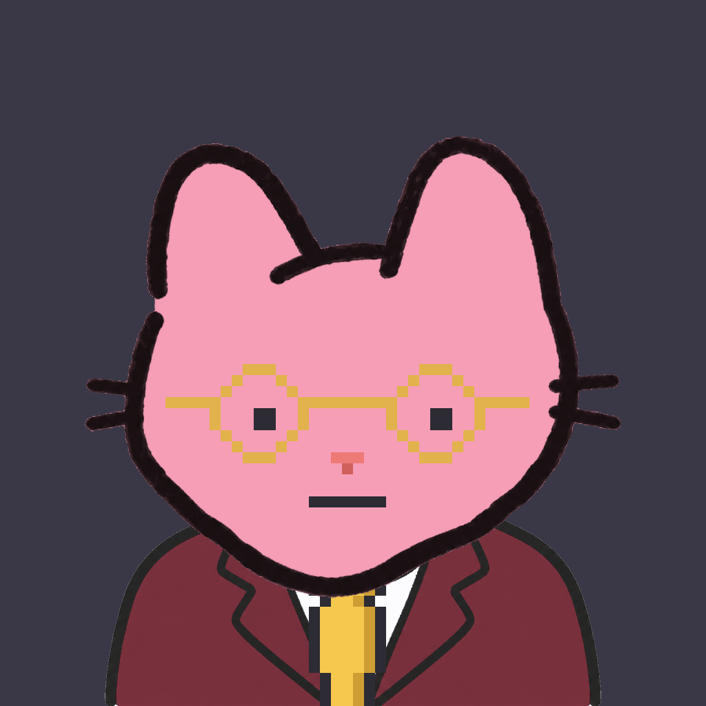 Employee #1217 — a pink cat, in a burgundy suit, with a gold tie, wearing round-gold glasses, on charcoal