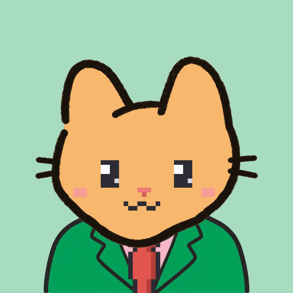 Employee #1218 — a tabby cat, in a green suit, with a red tie, on mint