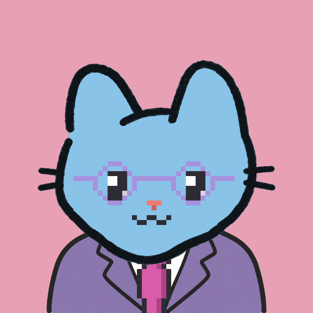 Employee #1219 — a sky cat, in a lavender suit, with a magenta tie, wearing round-lavender glasses, on rose