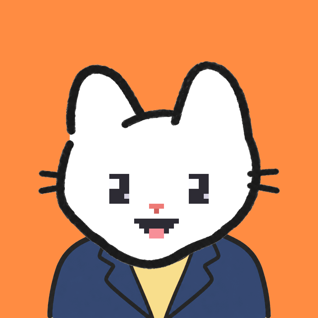 Employee #0122 — a white cat, in a navy suit, on tangerine