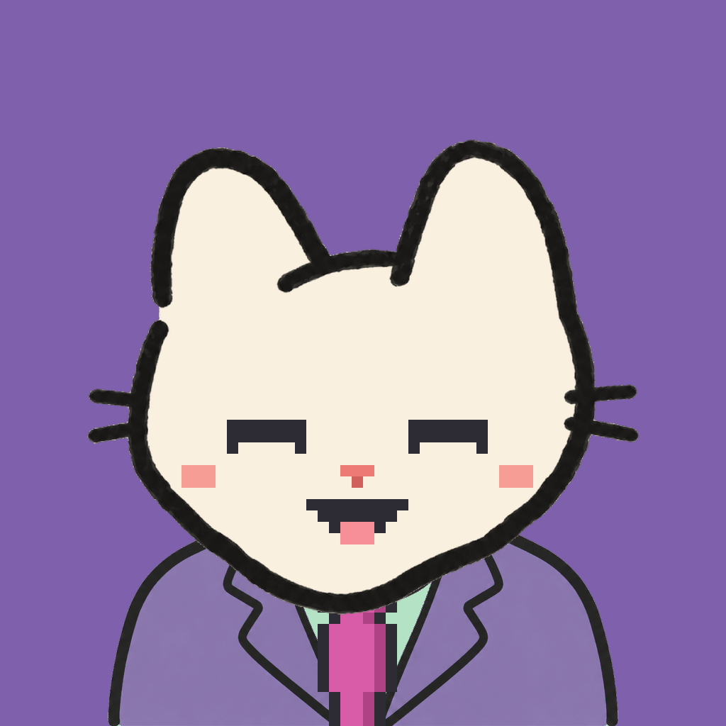 Employee #1220 — a cream cat, in a lavender suit, with a magenta tie, on plasma violet