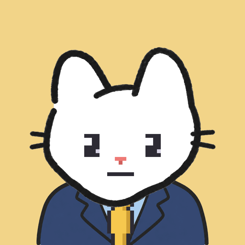 Employee #1221 — a white cat, in a navy suit, with a gold tie, on butter