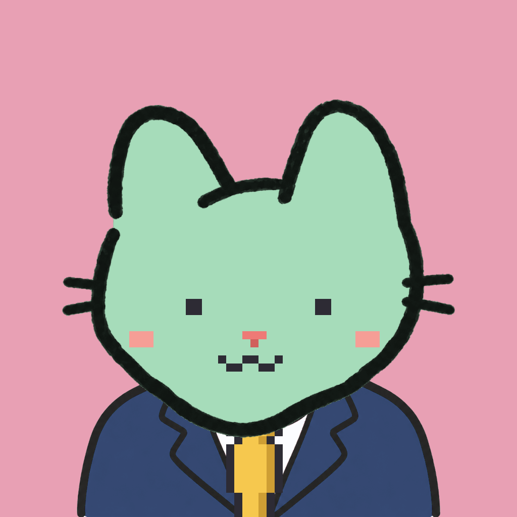Employee #1222 — a mint cat, in a navy suit, with a gold tie, on rose