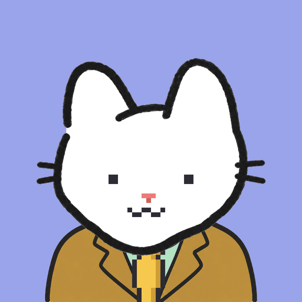 Employee #1223 — a white cat, in a mustard suit, with a gold tie, on periwinkle