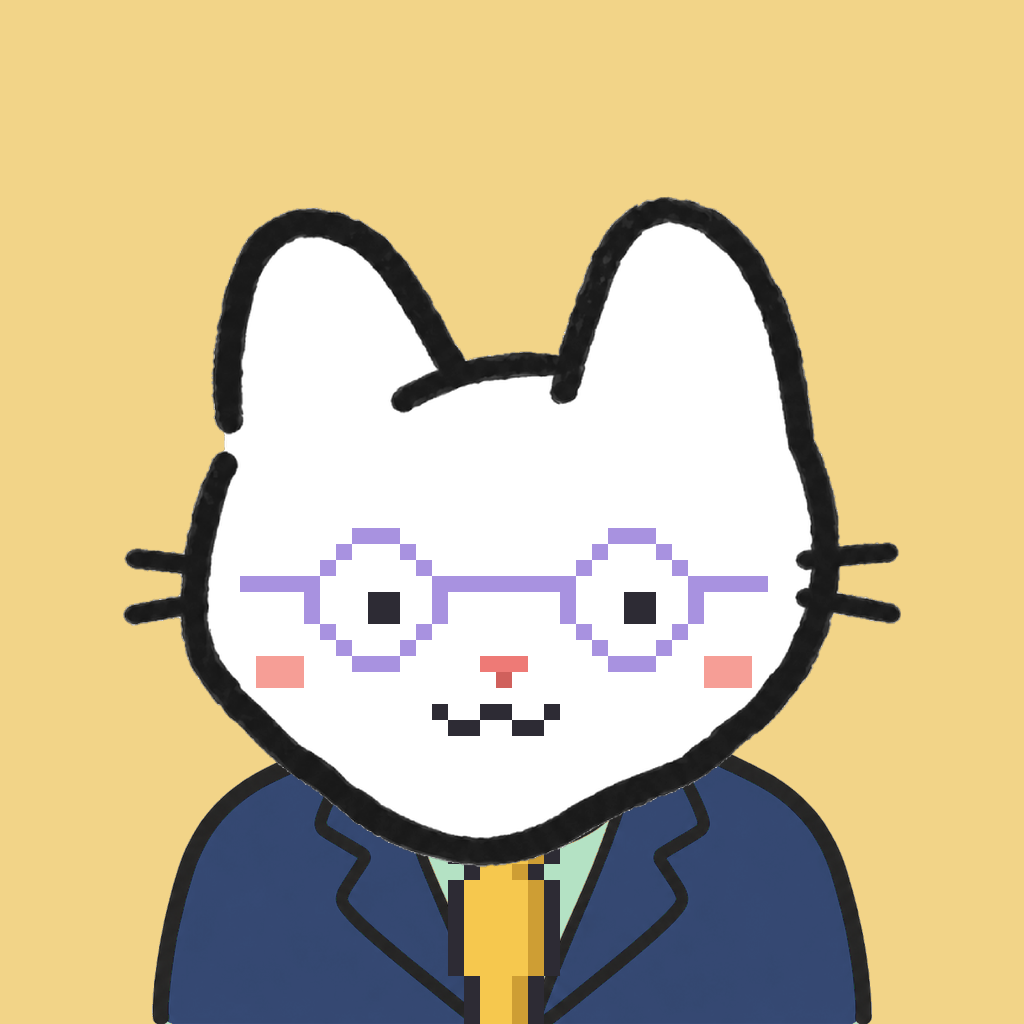 Employee #1224 — a white cat, in a navy suit, with a gold tie, wearing round-lavender glasses, on butter
