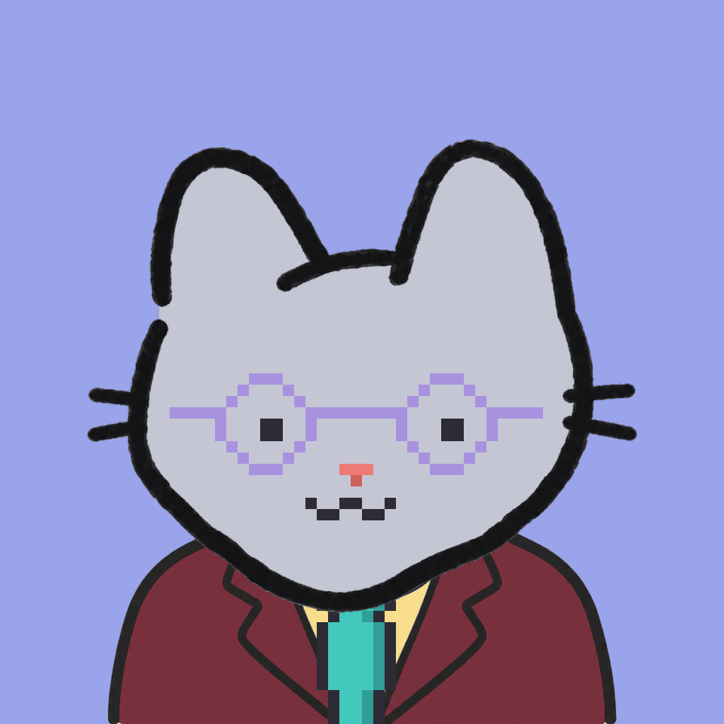 Employee #1225 — a gray cat, in a burgundy suit, with a teal tie, wearing round-lavender glasses, on periwinkle