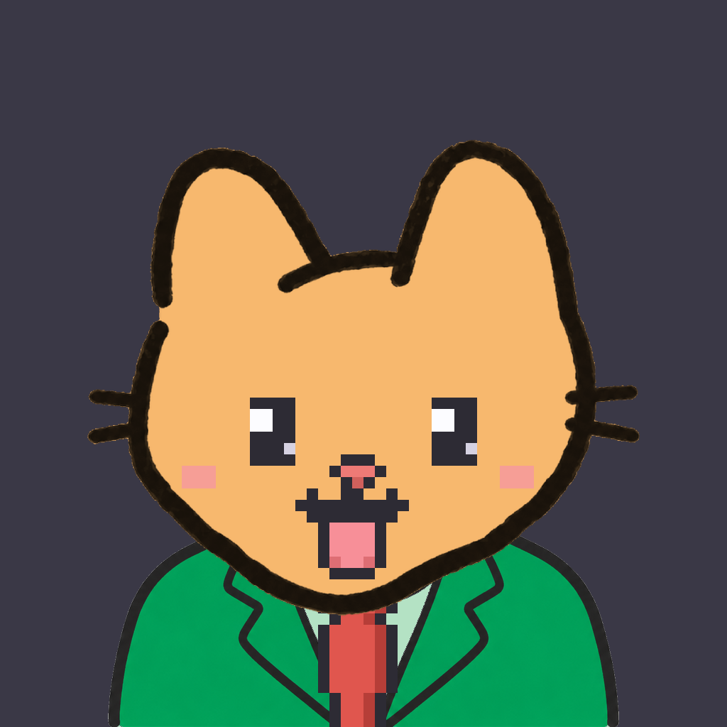 Employee #1226 — a tabby cat, in a green suit, with a red tie, on charcoal