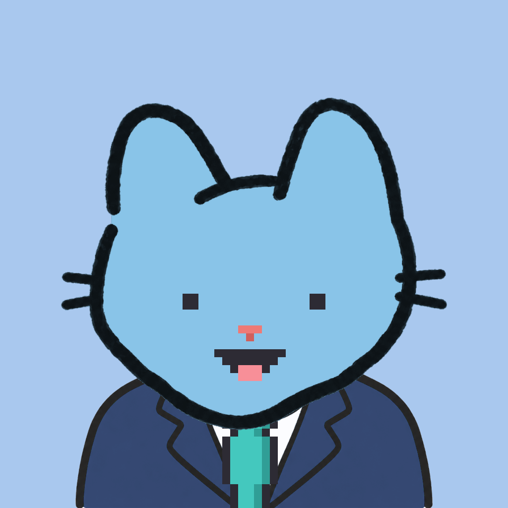 Employee #1227 — a sky cat, in a navy suit, with a teal tie, on sky