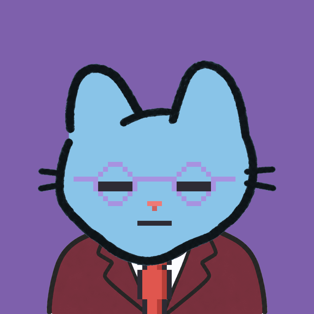 Employee #1228 — a sky cat, in a burgundy suit, with a red tie, wearing round-lavender glasses, on plasma violet