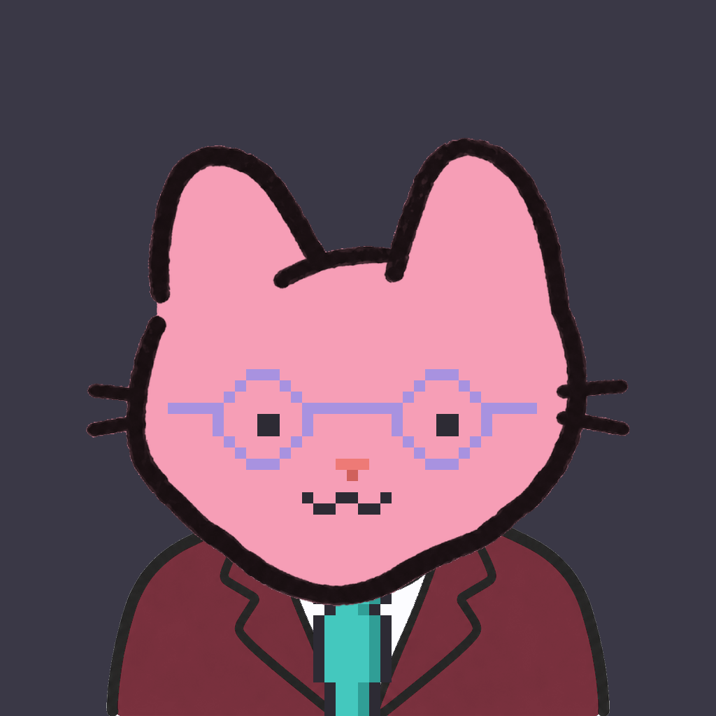 Employee #1229 — a pink cat, in a burgundy suit, with a teal tie, wearing round-lavender glasses, on charcoal