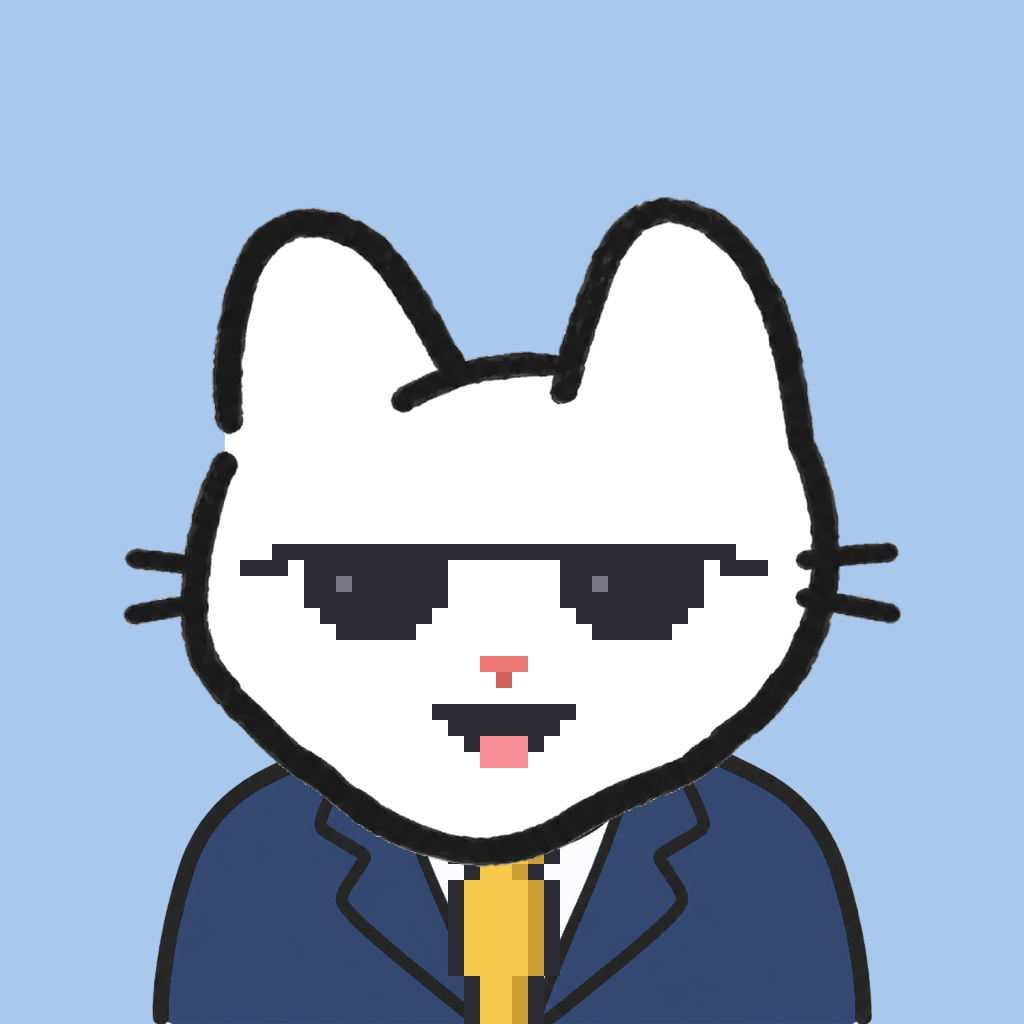 Employee #0123 — a white cat, in a navy suit, with a gold tie, wearing shades glasses, on sky