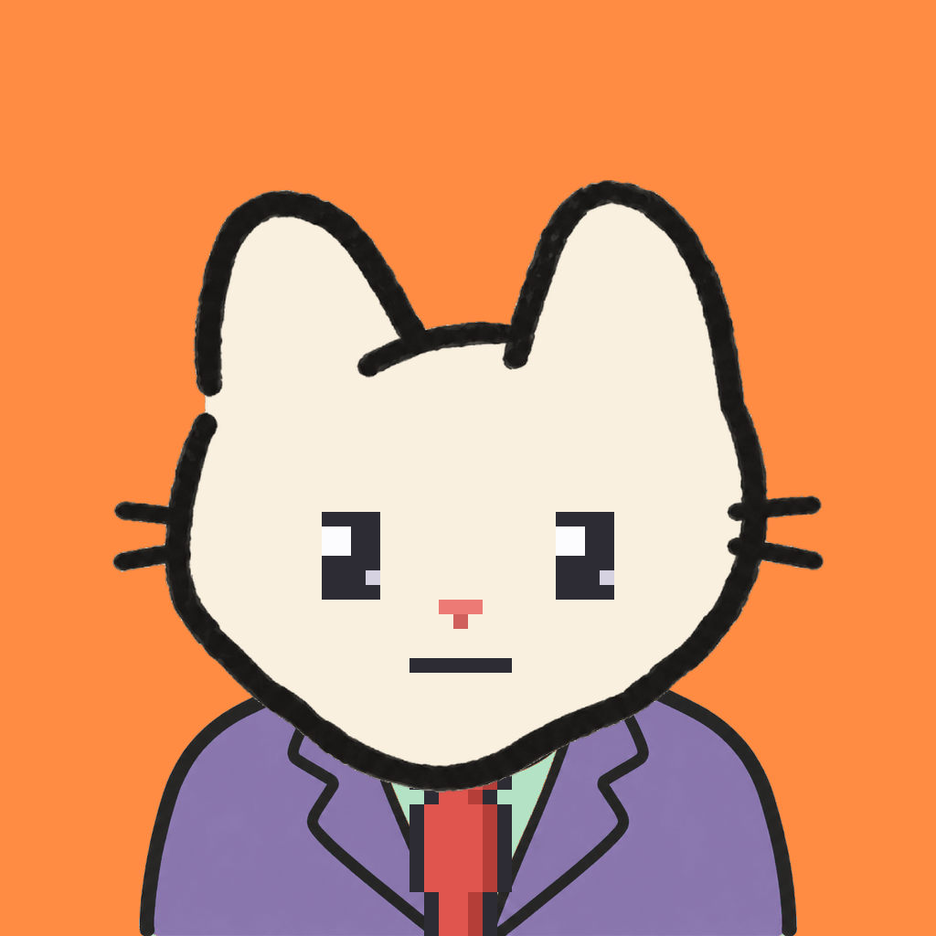 Employee #1230 — a cream cat, in a lavender suit, with a red tie, on tangerine