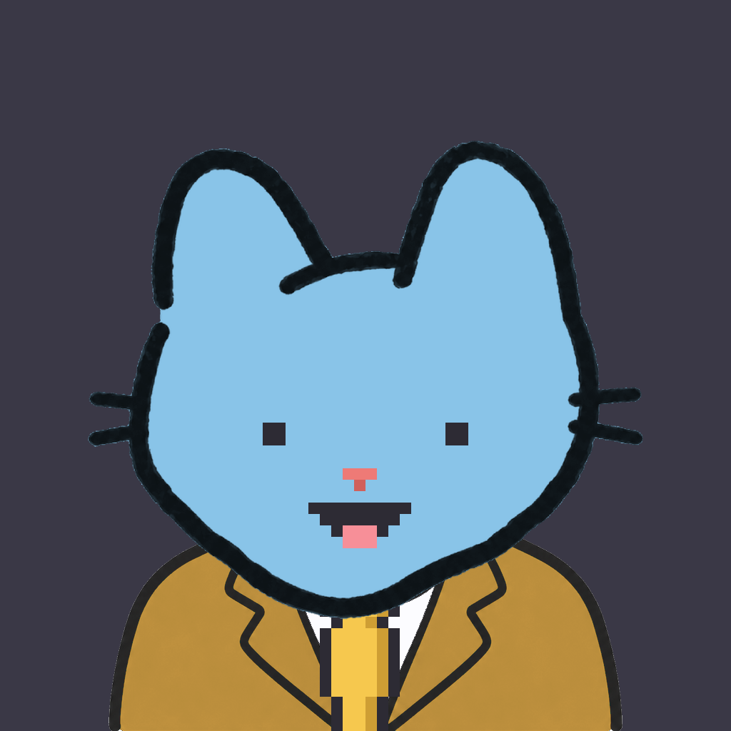 Employee #1231 — a sky cat, in a mustard suit, with a gold tie, on charcoal