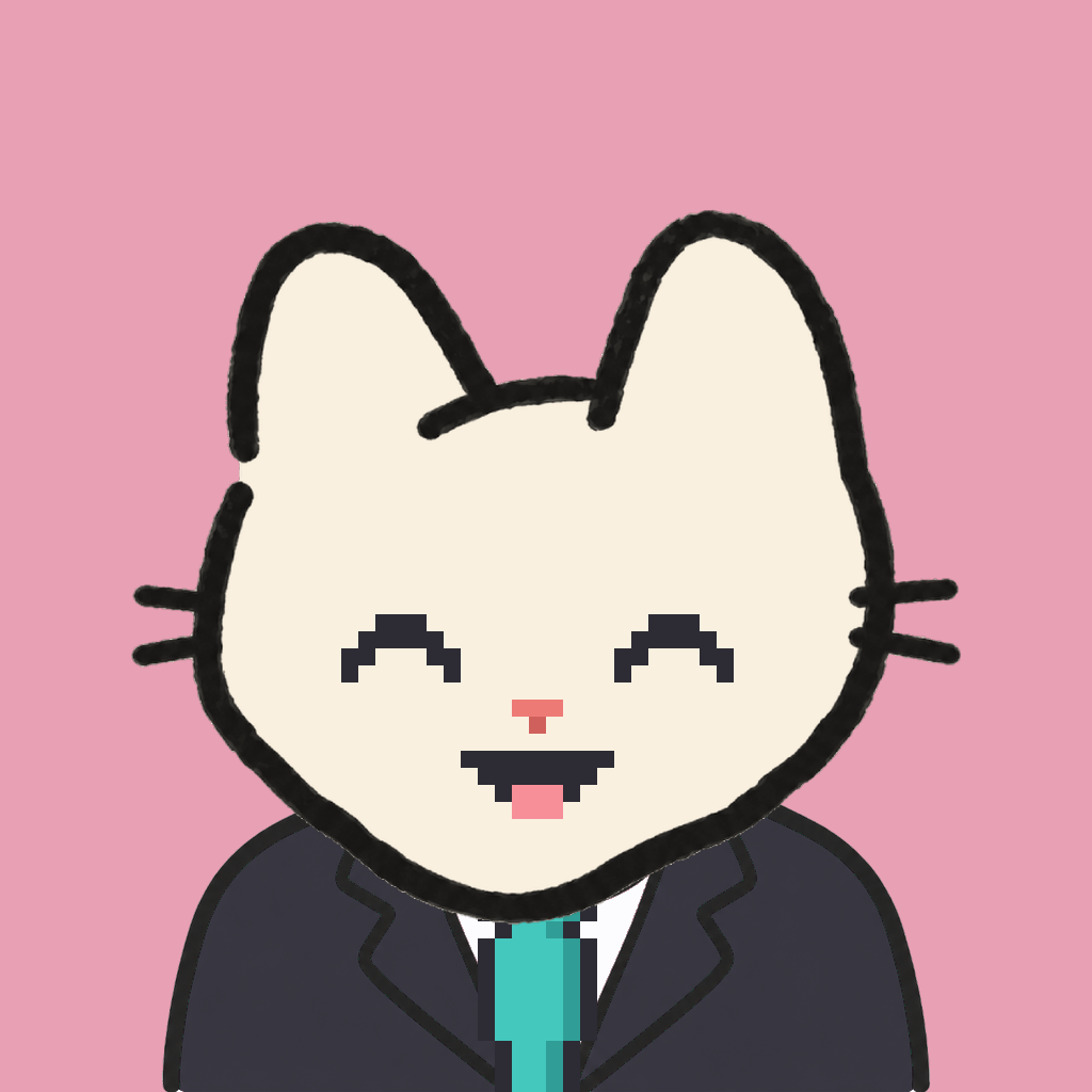Employee #1232 — a cream cat, in a black suit, with a teal tie, on rose