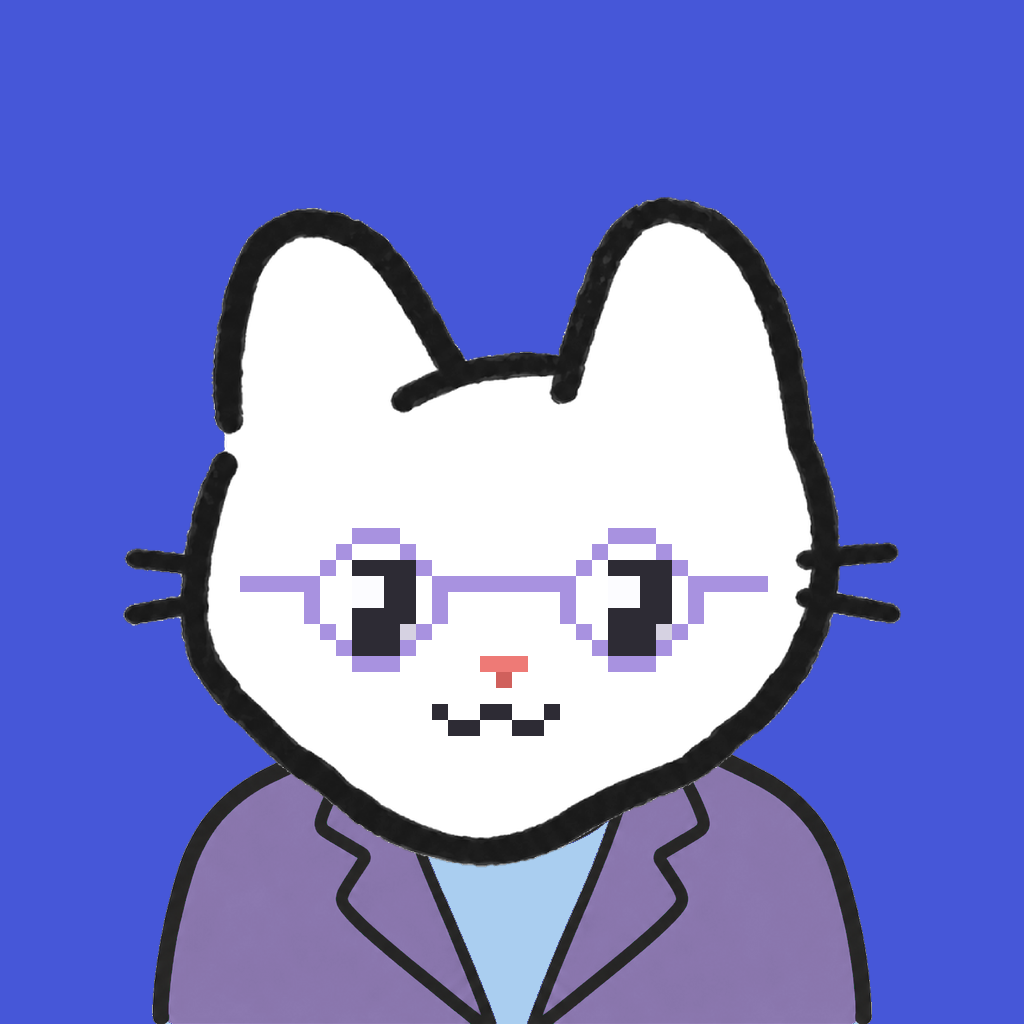 Employee #1235 — a white cat, in a lavender suit, wearing round-lavender glasses, on royal