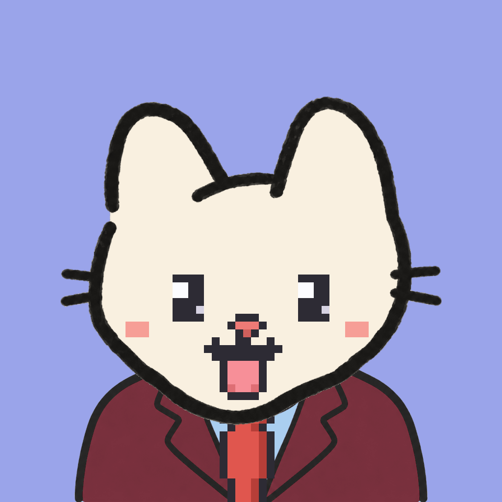 Employee #1236 — a cream cat, in a burgundy suit, with a red tie, on periwinkle