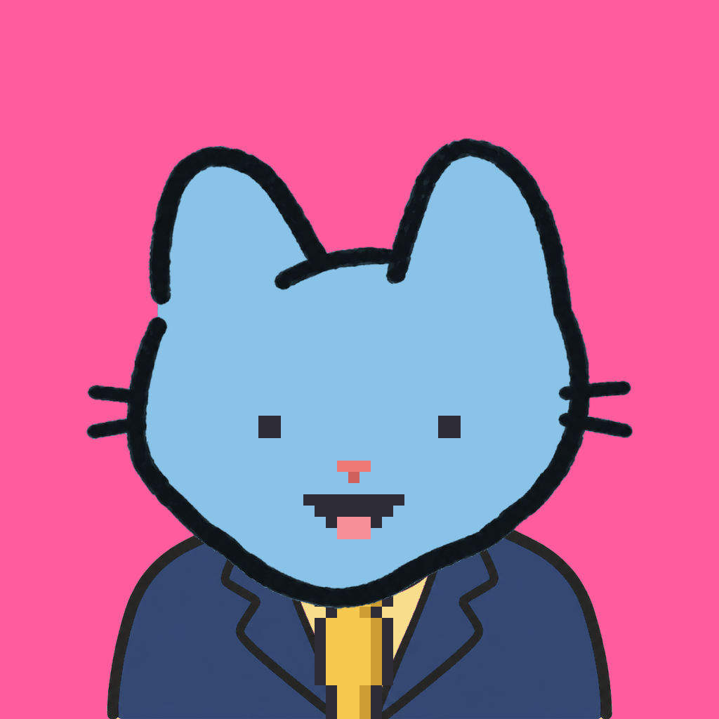 Employee #1237 — a sky cat, in a navy suit, with a gold tie, on hot pink